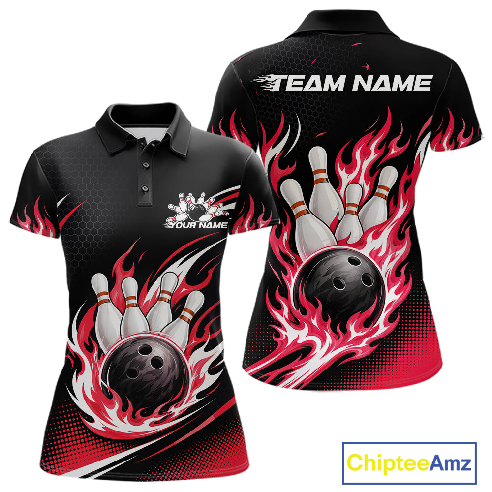 A custom womens short-sleeve polo shirt shown from the front and back, featuring a black base with a red flame graphic surrounding a bowling hand and bowling ball. 