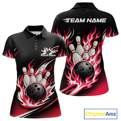 A custom womens short-sleeve polo shirt shown from the front and back, featuring a black base with a red flame graphic surrounding a bowling hand and bowling ball. 