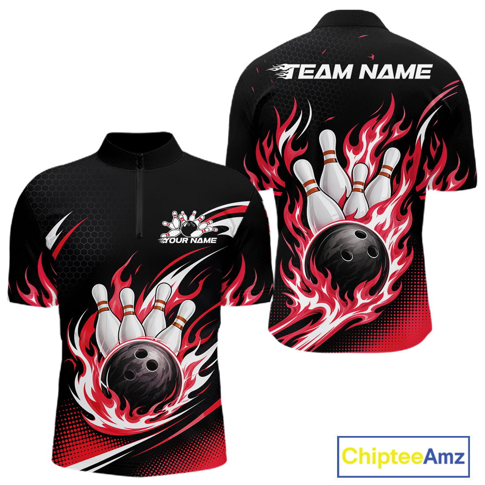 Front and back views of a black short-sleeve bowling quarter zip shirt with red and white flame designs, bowling pins, and bowling balls, featuring customizable text placeholders on a white background.