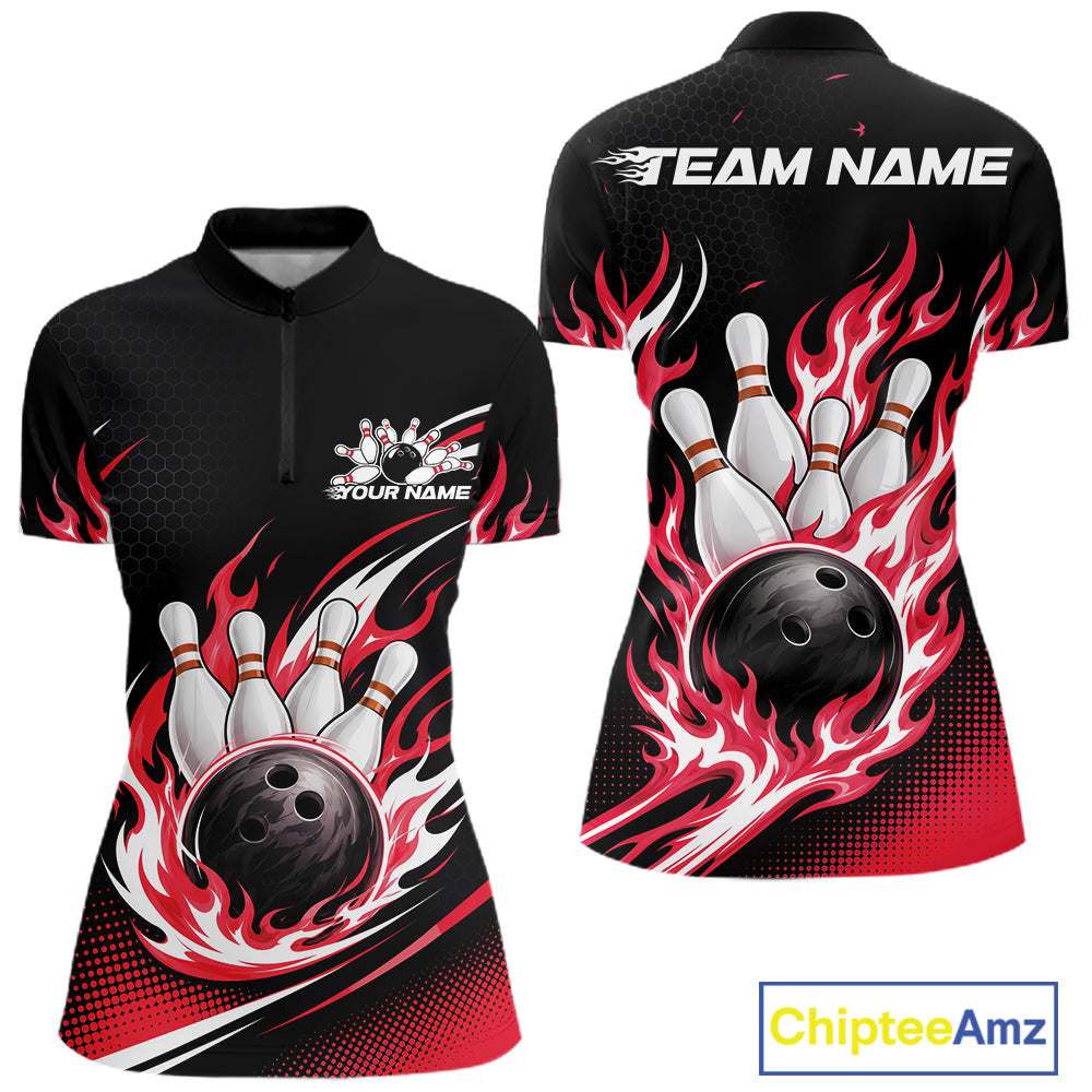 Black short-sleeve bowling-themed quarter zip shirtshown from front and back on a white background, with red and white flame graphics around bowling pins and balls, customizable text on the chest and back