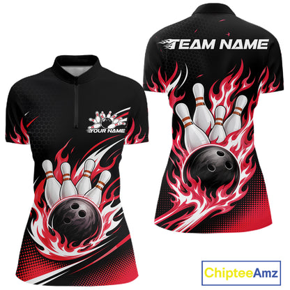 Black short-sleeve bowling-themed quarter zip shirtshown from front and back on a white background, with red and white flame graphics around bowling pins and balls, customizable text on the chest and back