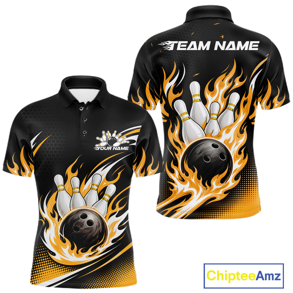 Front and back views of a black short-sleeve polo shirt with bowling-themed flame graphics, white bowling pins, and a black bowling ball. The back has 'TEAM NAME' printed across the chest, and the front has a small bowling logo with 'YOUR NAME'.