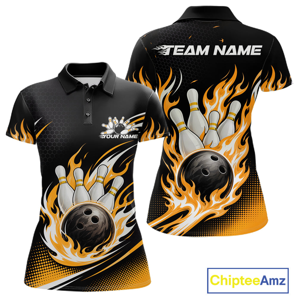 A custom short-sleeve polo shirt shown from the front and back, featuring a black base with a dynamic graphic of a bowling ball, bowling pins, and orange and yellow flames. 