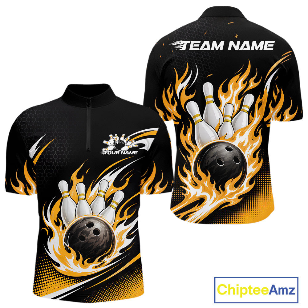 Black short-sleeve bowling-themed quarter zip shirt shown from the front and back, featuring a large bowling ball and white bowling pins surrounded by orange and yellow flames, with customizable text placeholders 'YOUR NAME' and 'TEAM NAME'.