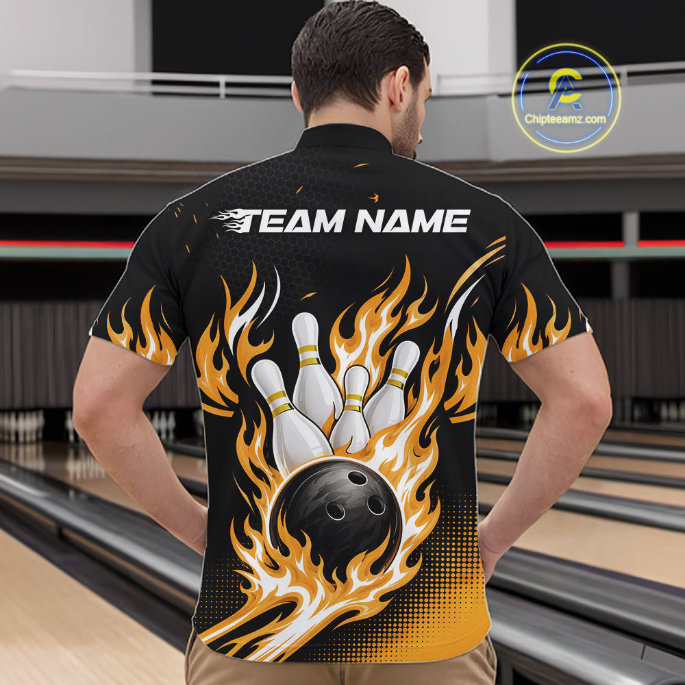 A man viewed from behind wearing a black bowling-themed short-sleeve quarter zip shirt with a large graphic of white bowling pins, a black bowling ball, and orange and yellow flames. 