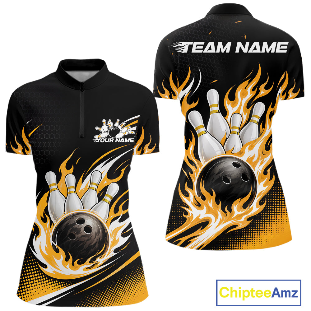 Black short-sleeve bowling-themed quarter zip shirt shown from the front and back, featuring a bowling pin and bowling ball surrounded by orange and yellow flames, with customizable text placeholders on the chest and back.