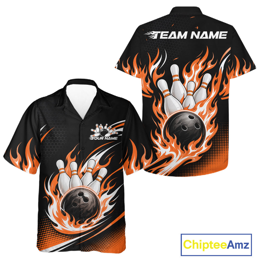 Custom bowling-themed short-sleeve button-up shirt shown from both front and back. The black shirt features a large graphic of a bowling pin cluster and bowling ball engulfed in orange flames