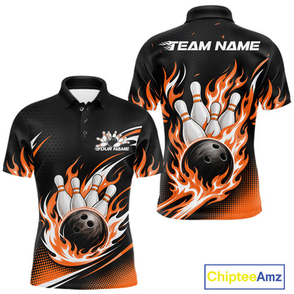 Front and back views of a black short-sleeve polo shirt with orange and white flame graphics surrounding bowling pins and a bowling ball, with customizable text placeholders 'TEAM NAME' and 'YOUR NAME' on a white background.