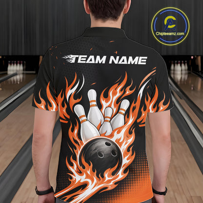 A man viewed from behind wearing a black short-sleeve bowling shirt with a large graphic of white bowling pins, a black bowling ball, and orange and white flames. The shirt has 'TEAM NAME' printed across the upper back.