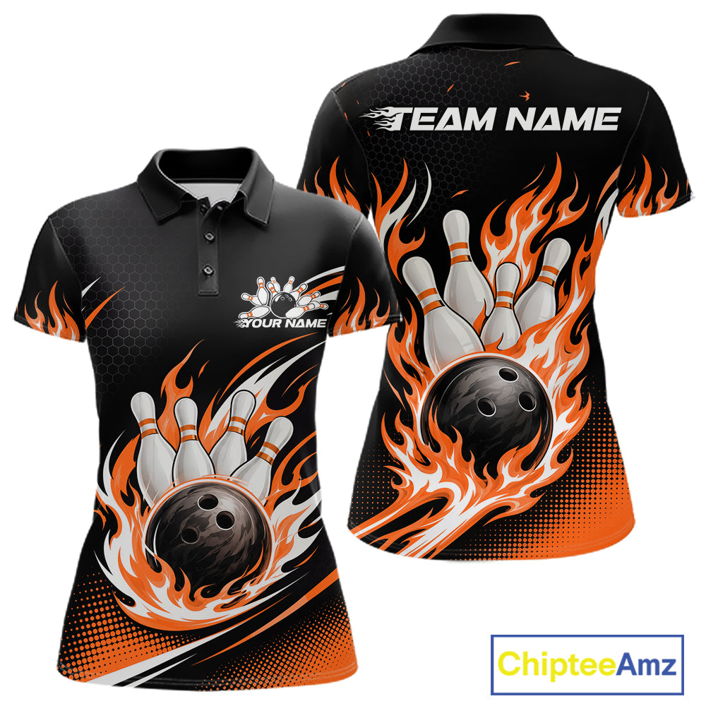 A women's short-sleeve polo shirt shown from the front and back on a white background. The shirt is black with a bold flame graphic in orange, white, and gray, featuring bowling pins, bowling balls, and customizable text placeholders: 'TEAM NAME' on the back and 'YOUR NAME' on the front.