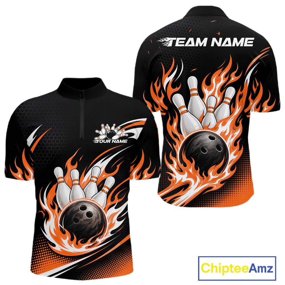 Front and back views of a black short-sleeve quarter zip shirt with a bowling-themed flame graphic, featuring white bowling pins, a black bowling ball, and orange flames. 