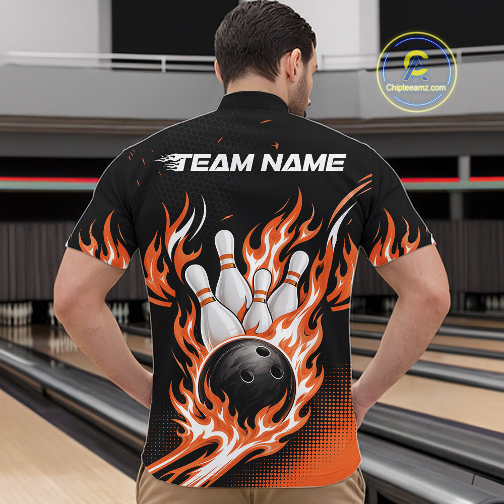 A man viewed from behind wearing a black short-sleeve bowling quarter zip shirtwith a large flame graphic, bowling pins, and a bowling ball on the back, with 'TEAM NAME' printed across the shoulders. 