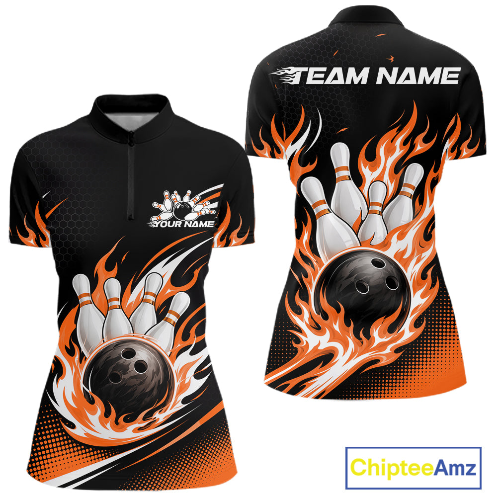 Front and back views of a women's  short-sleeve bowling quarter zip shirt. The shirt features a black base with a dynamic graphic of a bowling pin and bowling ball surrounded by orange and white flames.