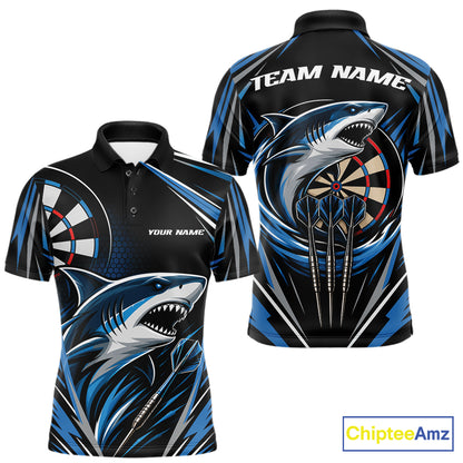 Custom short-sleeve polo shirt shown from the front and back, featuring a black base with blue and gray shark graphics, dartboard designs, and customizable text placeholders 'TEAM NAME' and 'YOUR NAME'.