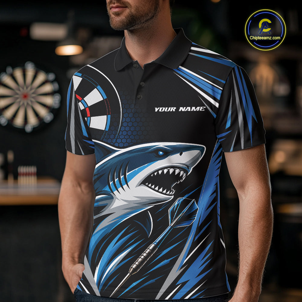 A man wearing a black short-sleeve polo shirt with a blue and white shark graphic, dartboard design, and custom text placeholder