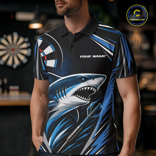 Custom Black And Blue Shark Darts Jerseys, Darts Team Men Polo Shirt IPHW11714