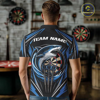 A man viewed from behind wearing a custom printed short-sleeve polo shirt with a shark and dartboard graphic on the back, featuring the text 'TEAM NAME'. 