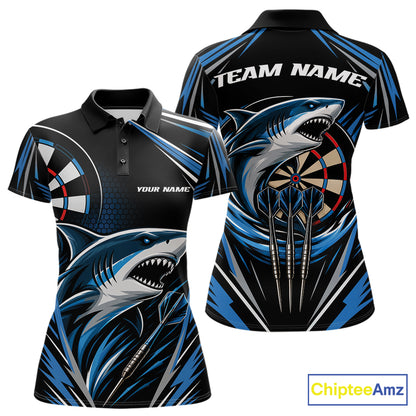Custom short-sleeve polo shirt shown from the front and back, featuring a black base with blue and gray shark graphics, dartboard designs