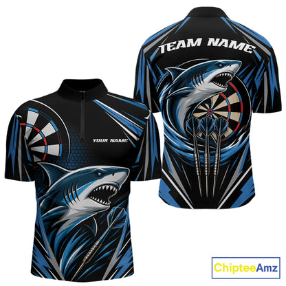 Custom darts short-sleeve quarter zip shirt shown from the front and back, featuring a bold blue and gray shark graphic over a black background with dartboard designs and placeholder text 'TEAM NAME' and 'YOUR NAME'.