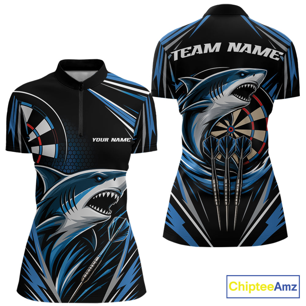 Custom short-sleeve quarter zip shirt shown from the front and back, featuring a black base with blue and gray shark graphics, dartboard elements, and customizable text placeholders 'TEAM NAME' and 'YOUR NAME'.