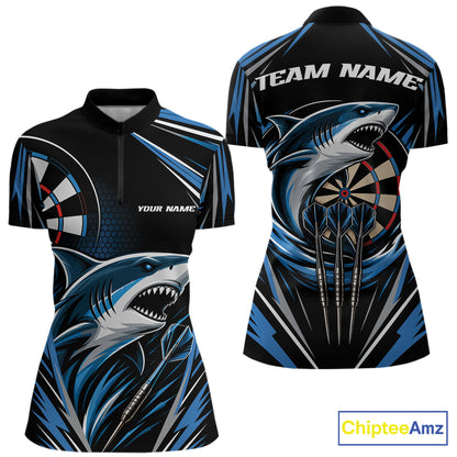 Custom short-sleeve quarter zip shirt shown from the front and back, featuring a black base with blue and gray shark graphics, dartboard elements, and customizable text placeholders 'TEAM NAME' and 'YOUR NAME'.