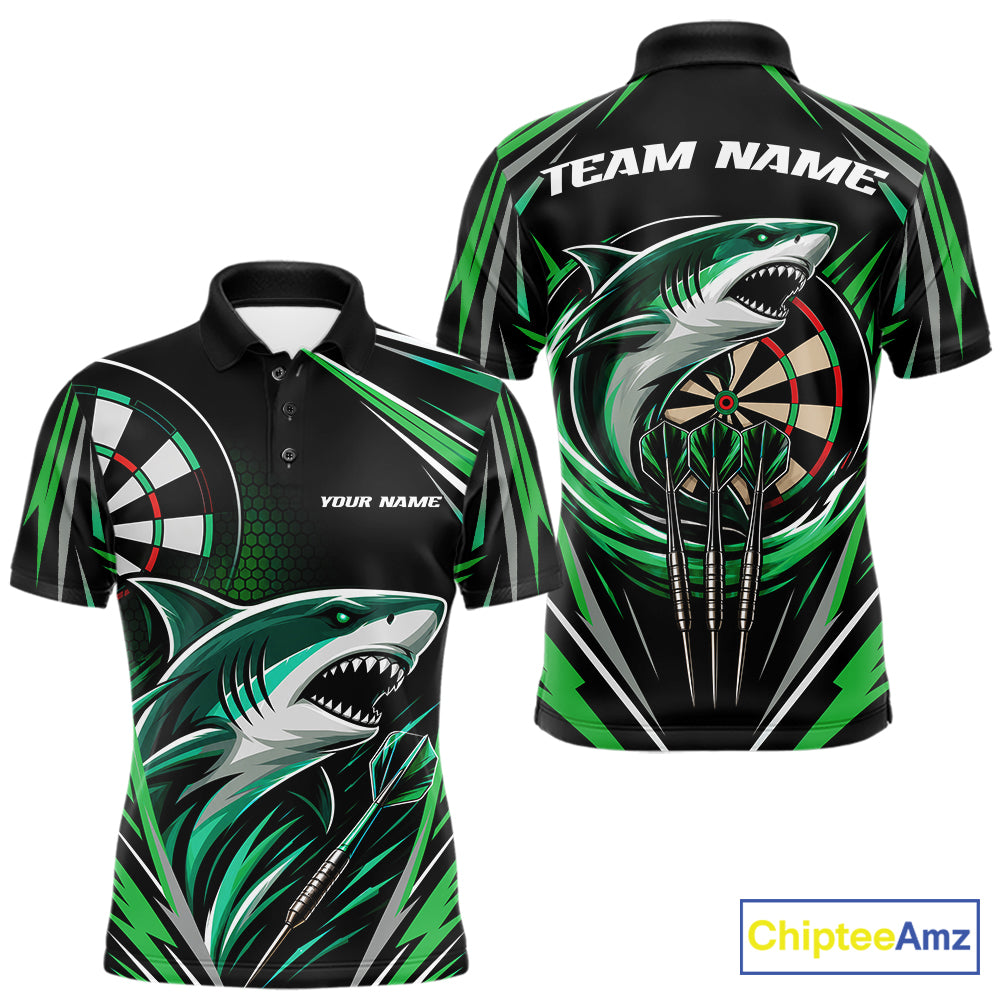 Custom short-sleeve polo shirt shown from the front and back, featuring a black base with vibrant green and gray shark graphics, dartboard designs