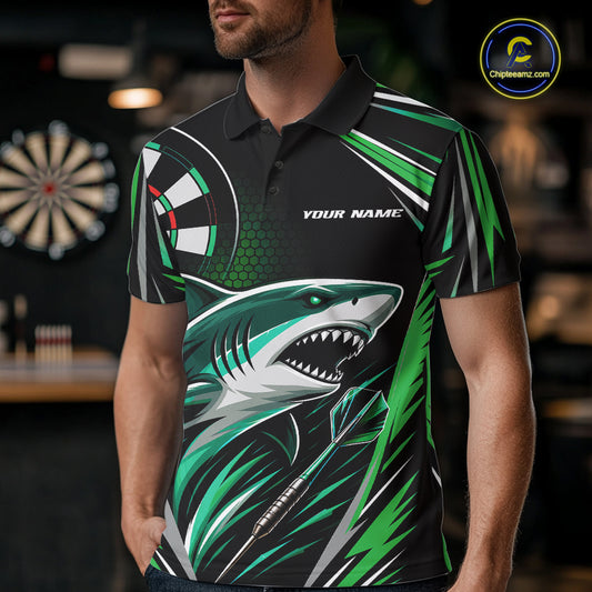 Custom Black And Green Shark Darts Jerseys, Darts Team Men Polo Shirt IPHW11715
