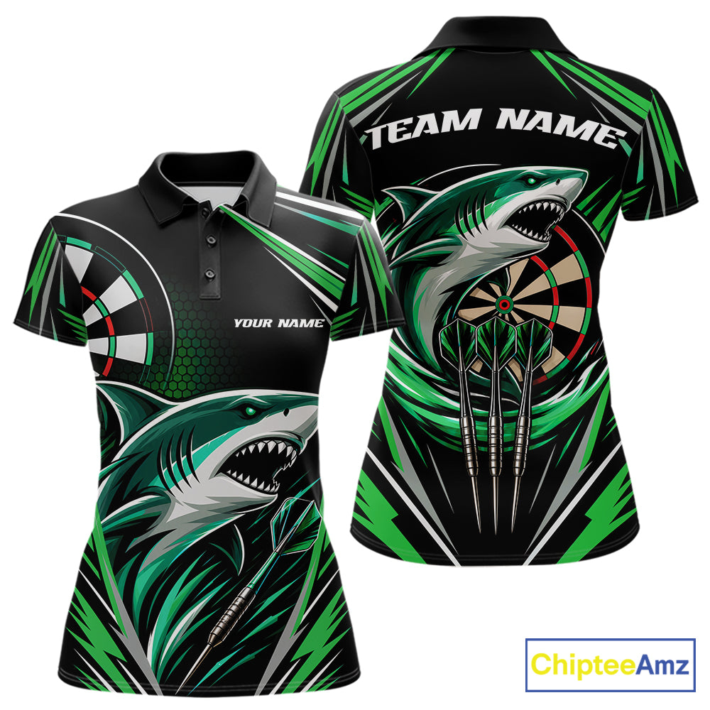 Custom short-sleeve polo shirt with a black and green shark and dartboard graphic design