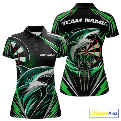 Custom short-sleeve polo shirt with a black and green shark and dartboard graphic design