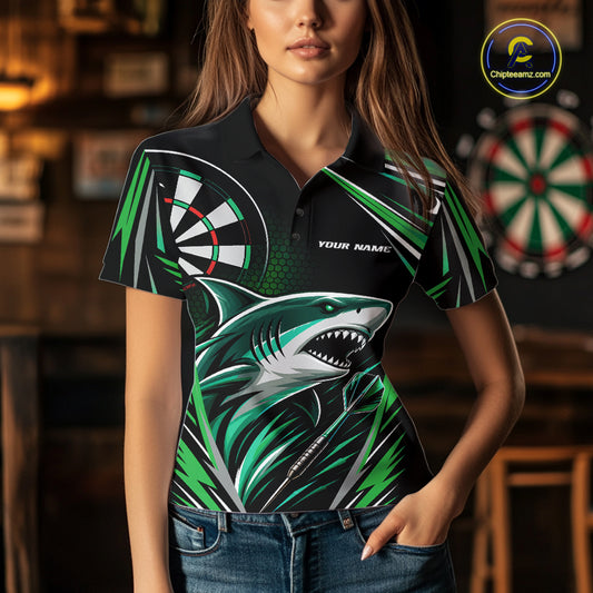 Custom Black And Green Shark Darts Jerseys, Darts Team Women Polo Shirt IPHW11715
