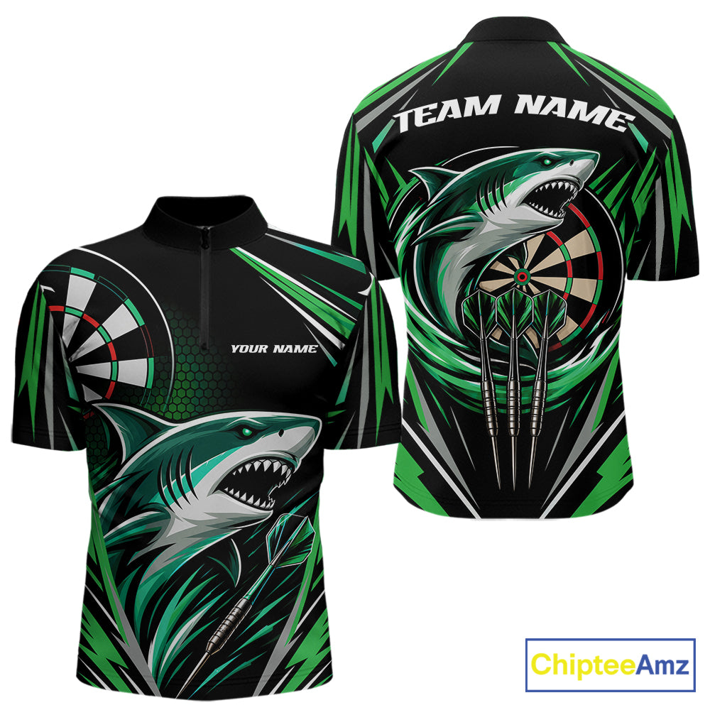 Custom short-sleeve darts quarter zip shirt shown from the front and back, featuring a black base with green and gray shark graphics, dart illustrations, and customizable text placeholders.