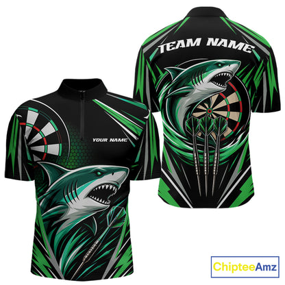 Custom short-sleeve darts quarter zip shirt shown from the front and back, featuring a black base with green and gray shark graphics, dart illustrations, and customizable text placeholders.