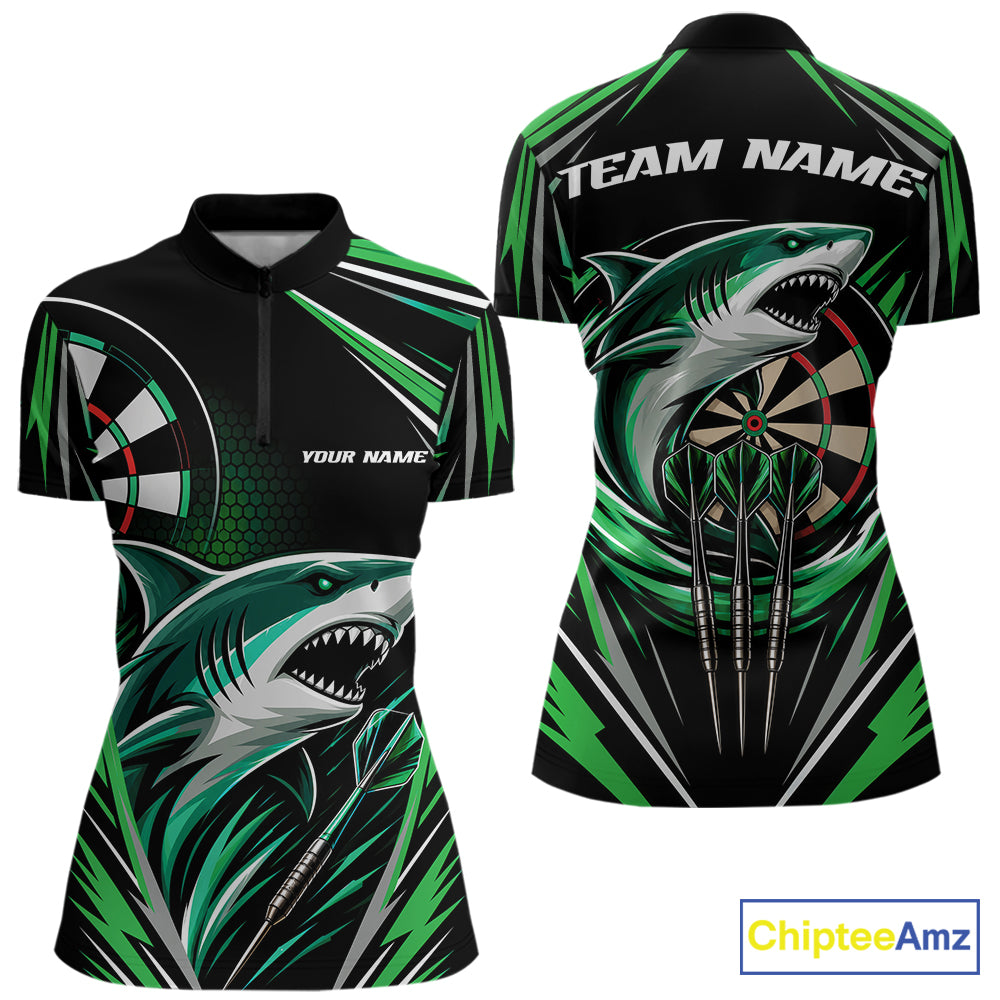 Front and back views of a darts short-sleeve quarter zip shirt featuring a green and black shark graphic, dartboard design, and customizable text placeholders 'TEAM NAME' and 'YOUR NAME'.