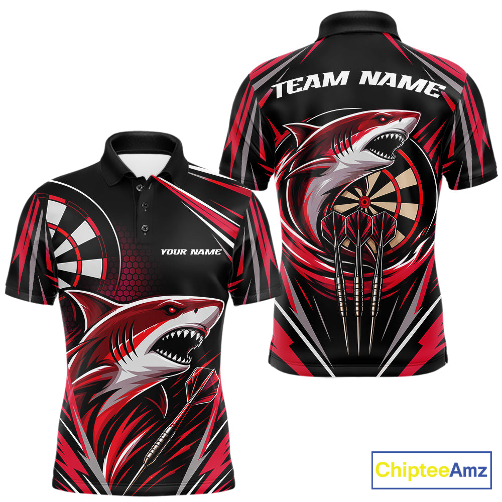Custom short-sleeve polo shirt shown from the front and back, featuring a bold red, black, and white shark and dartboard graphic design with customizable text placeholders 'TEAM NAME' and 'YOUR NAME'.