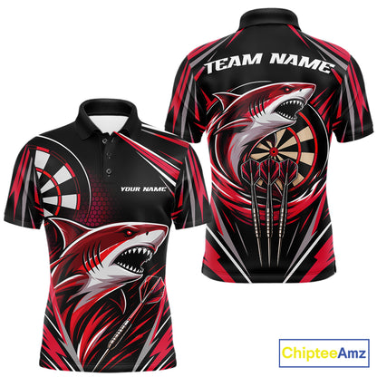 Custom short-sleeve polo shirt shown from the front and back, featuring a bold red, black, and white shark and dartboard graphic design with customizable text placeholders 'TEAM NAME' and 'YOUR NAME'.