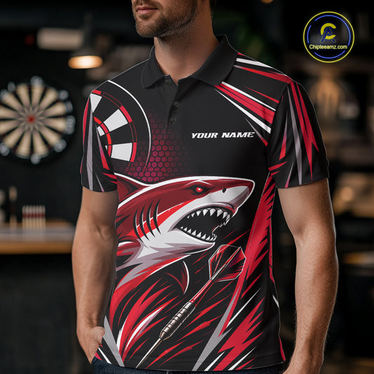 Custom Black And Red Shark Darts Jerseys, Darts Team Men Polo Shirt IPHW11716