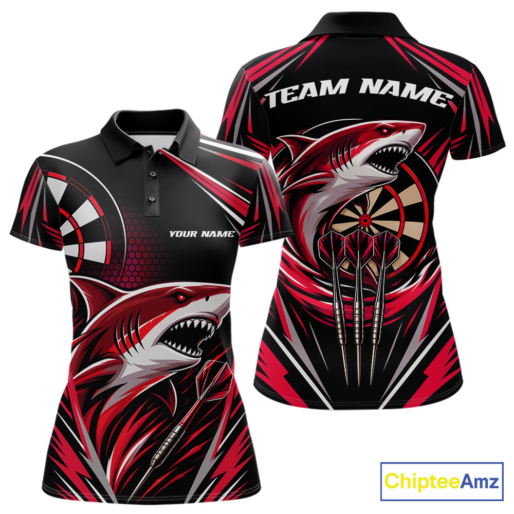 Custom short-sleeve polo shirt shown from the front and back, featuring a black base with red and white shark graphics, dartboard elements