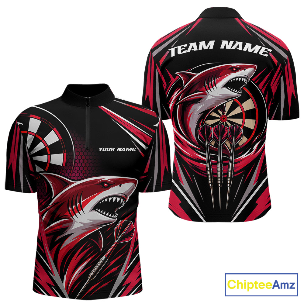 Custom short-sleeve athletic jersey shown from the front and back, featuring a black base with red and white shark graphics, dartboard motifs, and customizable text placeholders.
