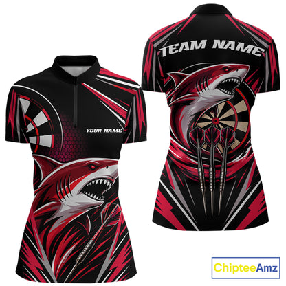Custom short-sleeve darts quarter zip shirt shown from the front and back, featuring a black base with red and white shark graphics, dartboard elements, and placeholder text 'TEAM NAME' and 'YOUR NAME'.