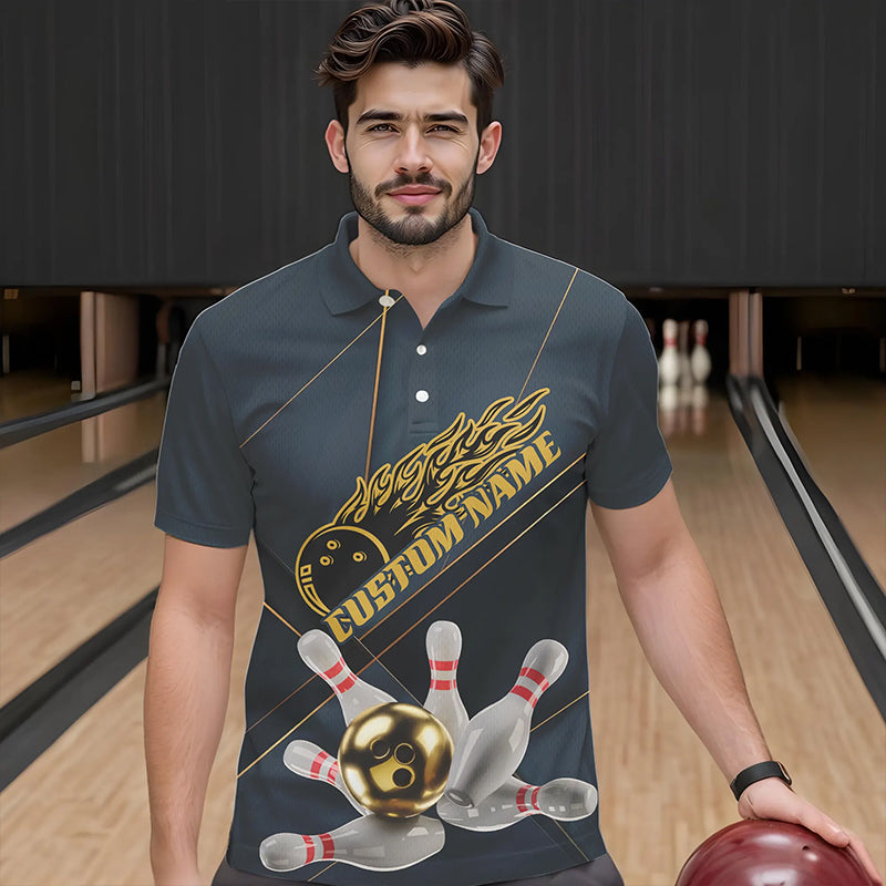 Custom Golden Bowling Shirts For Men, Flame Bowling Team Shirts Bowling Uniform IPHW7335