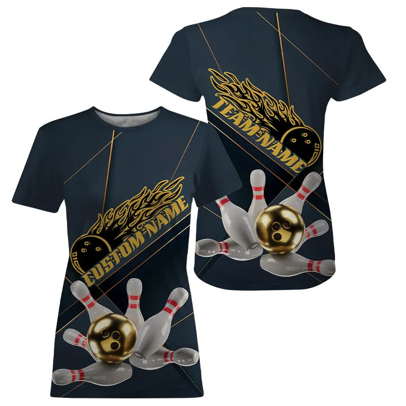 Custom Golden Bowling T-Shirts For Women, Flame Bowling Team Bowling Uniform IPHW7335