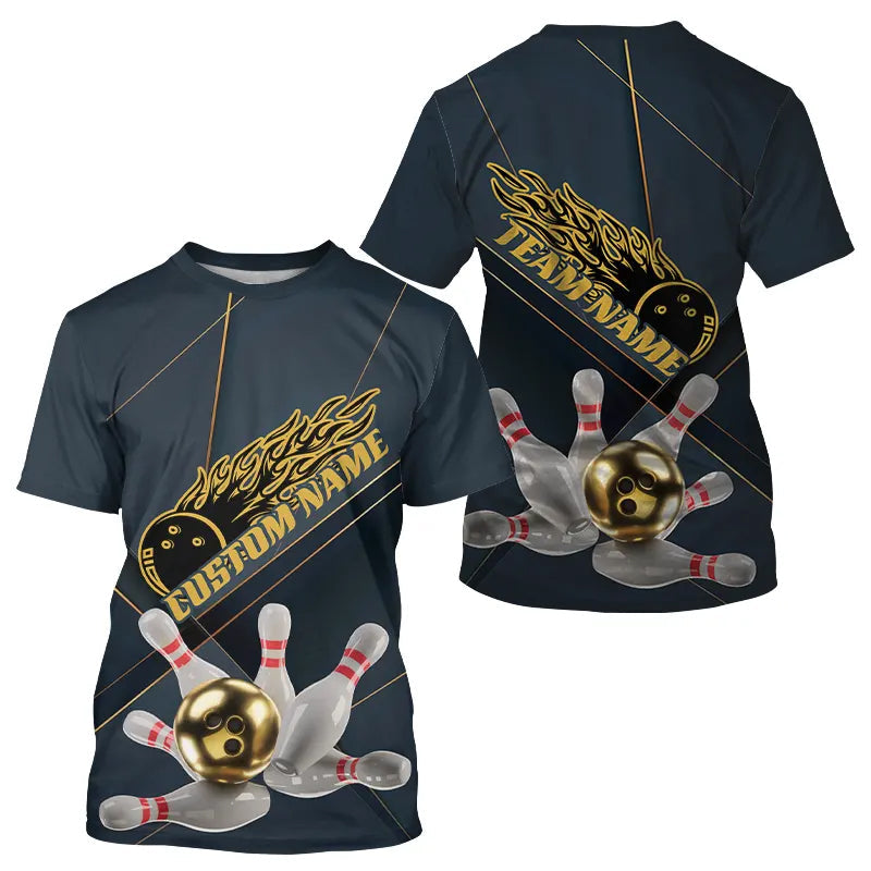 Custom Golden Bowling T-Shirts For Men, Flame Bowling Team Bowling Uniform IPHW7335