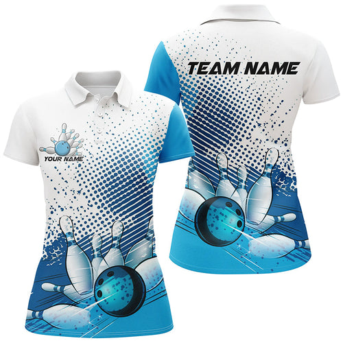 White And Blue Diagonal Stripes Custom Bowling Shirts For Women, Bowling Team Uniform IPHW7640