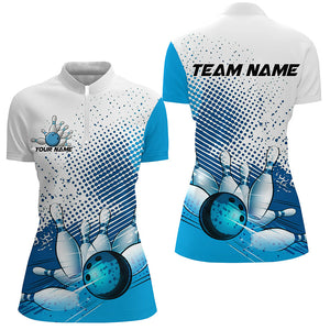 White And Blue Diagonal Stripes Custom Bowling Shirts For Women, Bowling Team Uniform IPHW7640