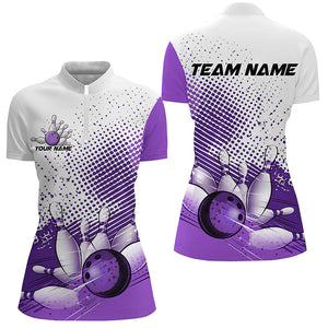 White And Purple Diagonal Stripes Custom Bowling Shirts For Women, Bowling Team Uniform IPHW7641