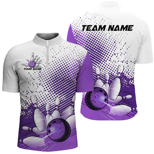 White And Purple Diagonal Stripes Custom Bowling Shirts For Men, Bowling Team Uniform IPHW7641