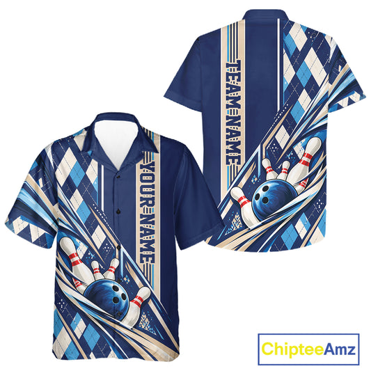 Custom Blue Argyle Pattern Retro Bowling Men And Women Button Up Shirt, Team Uniform IPHW12372