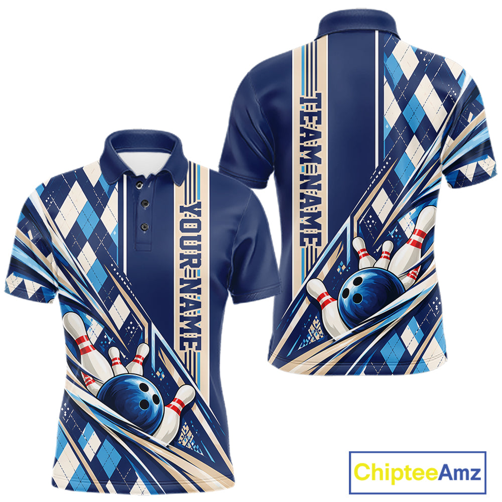 Custom Blue Argyle Pattern Retro Bowling Men Polo Shirt, Team Uniform IPHW12372