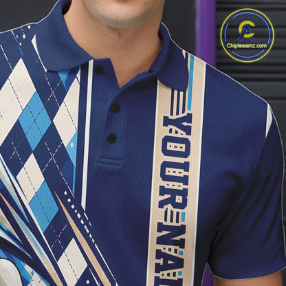 Custom Blue Argyle Pattern Retro Bowling Men Polo Shirt, Team Uniform IPHW12372