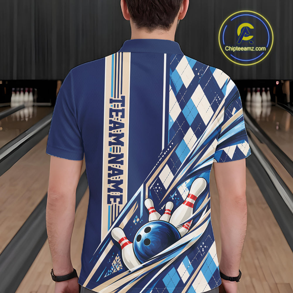 Custom Blue Argyle Pattern Retro Bowling Men Polo Shirt, Team Uniform IPHW12372